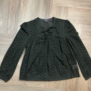 Madewell‎ Top Womens XS Black Eyelet Lace Up Long Sleeve Blouse Boho